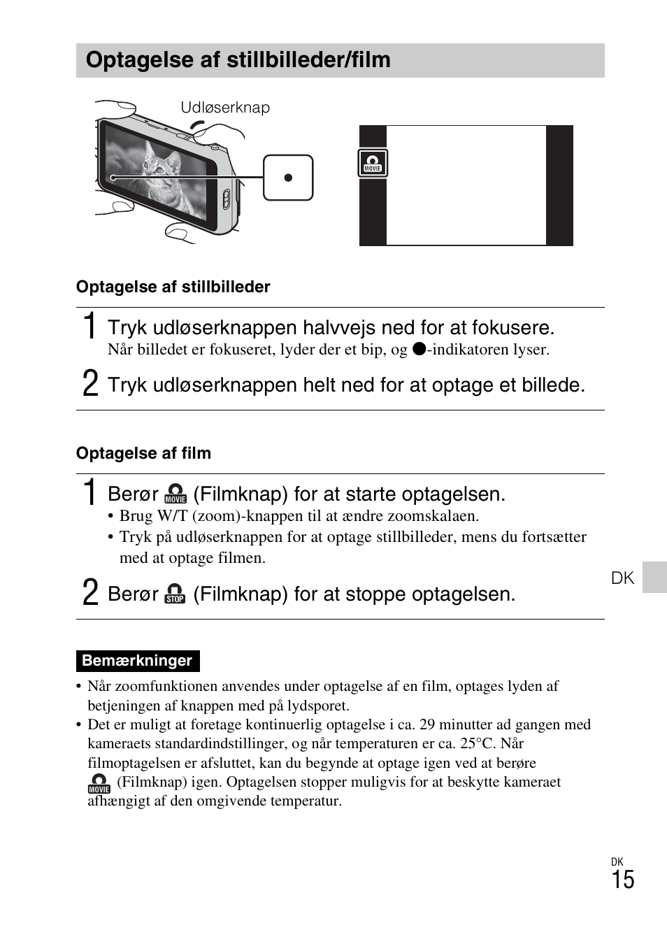 Optagelse af stillbilleder/film | Sony DSC-TX77 User Manual | Page 417 / 551