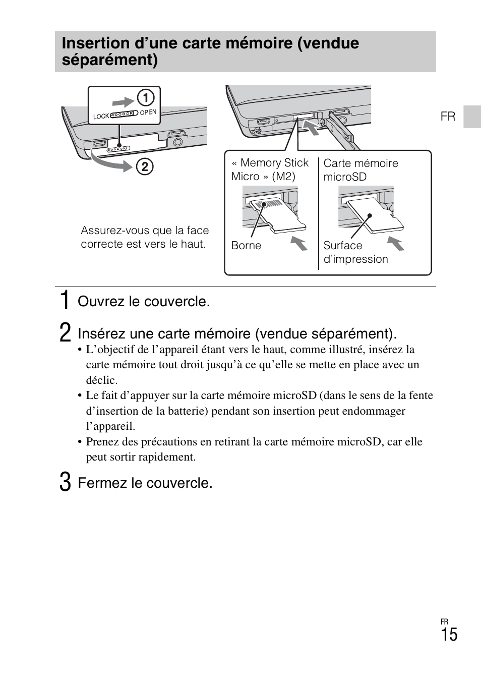 Insertion d’une carte mémoire (vendue séparément) | Sony DSC-TX77 User Manual | Page 45 / 551