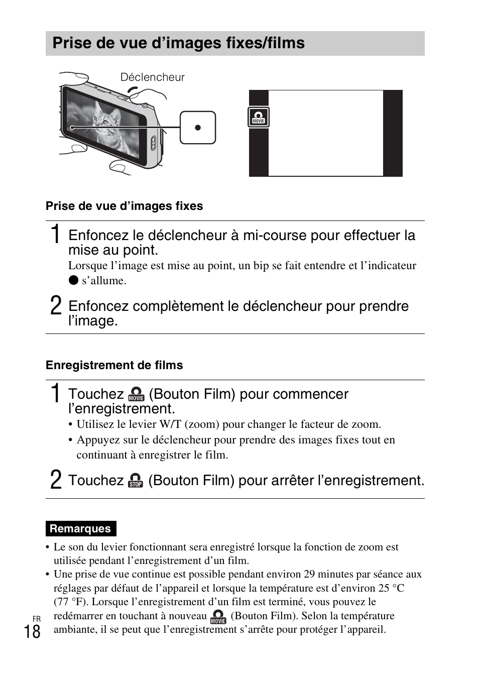 Prise de vue d’images fixes/films | Sony DSC-TX77 User Manual | Page 48 / 551