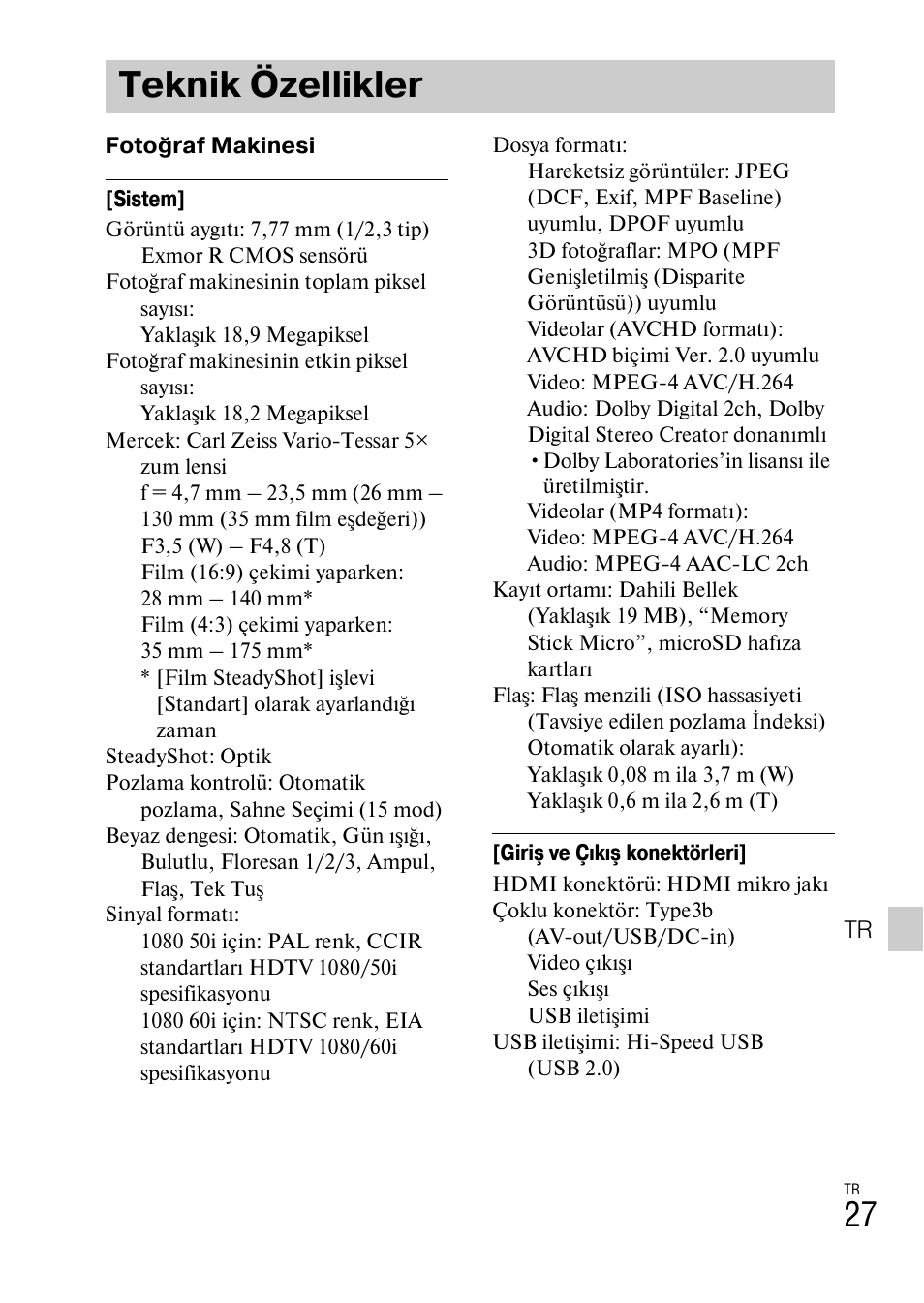 Teknik özellikler | Sony DSC-TX77 User Manual | Page 513 / 551