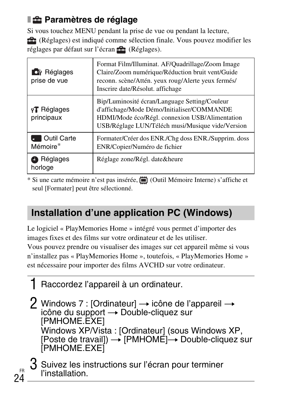 Installation d’une application pc (windows) | Sony DSC-TX77 User Manual | Page 54 / 551