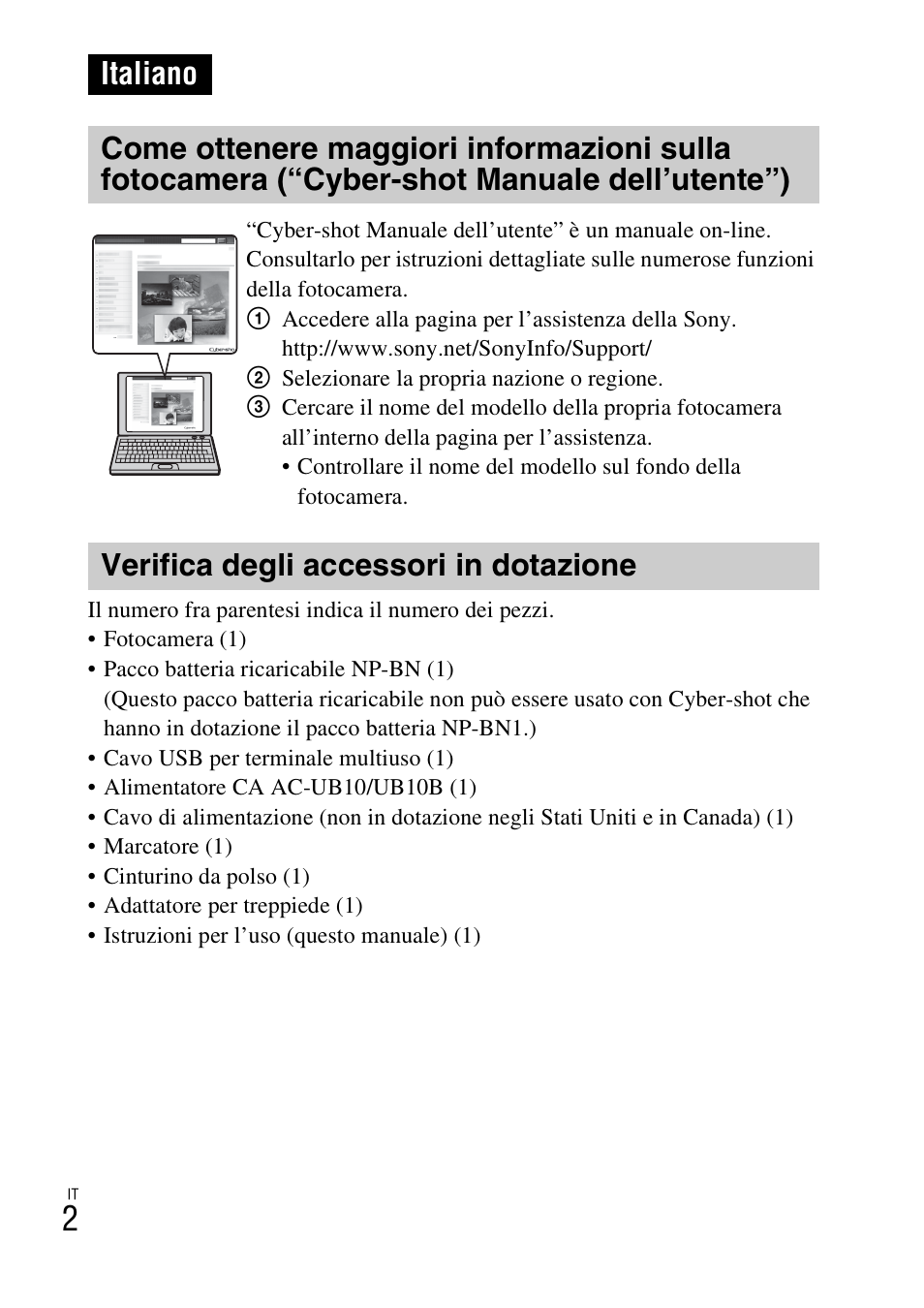 Italiano, Verifica degli accessori in dotazione | Sony DSC-TX77 User Manual | Page 64 / 551