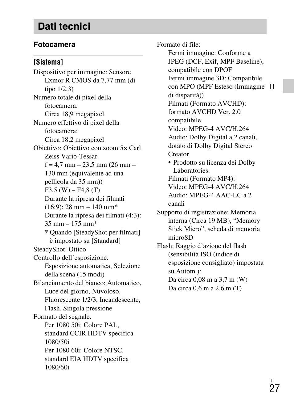 Dati tecnici | Sony DSC-TX77 User Manual | Page 89 / 551