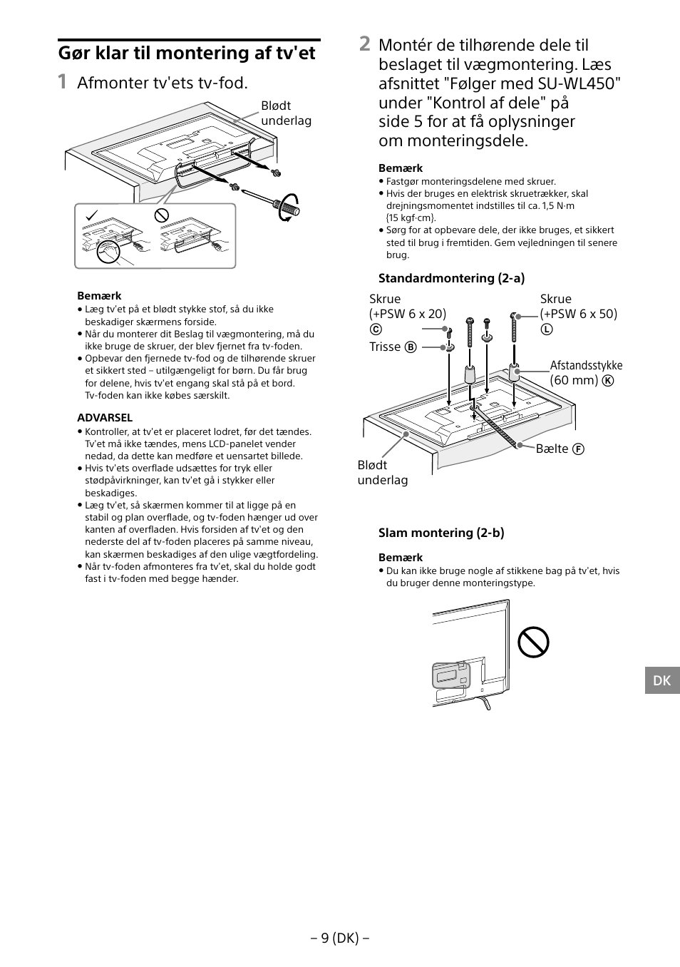 Gør klar til montering af tv'et, Afmonter tv'ets tv-fod, 9 (dk) − dk | Sony KDL-40R453B User Manual | Page 108 / 321