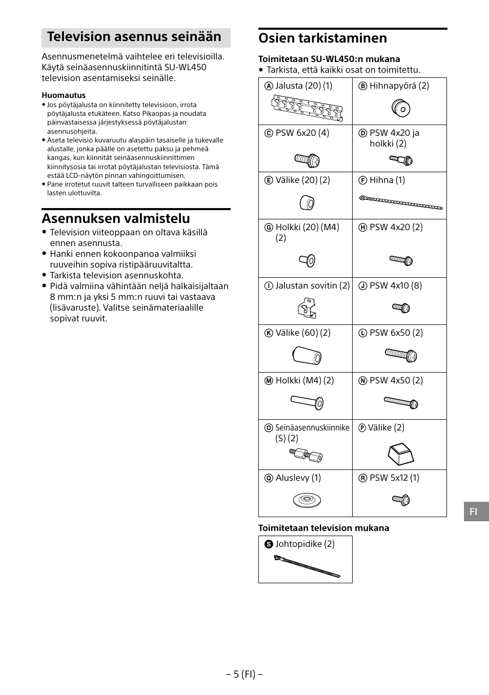 Television asennus seinään, Asennuksen valmistelu, Osien tarkistaminen | Sony KDL-40R453B User Manual | Page 115 / 321