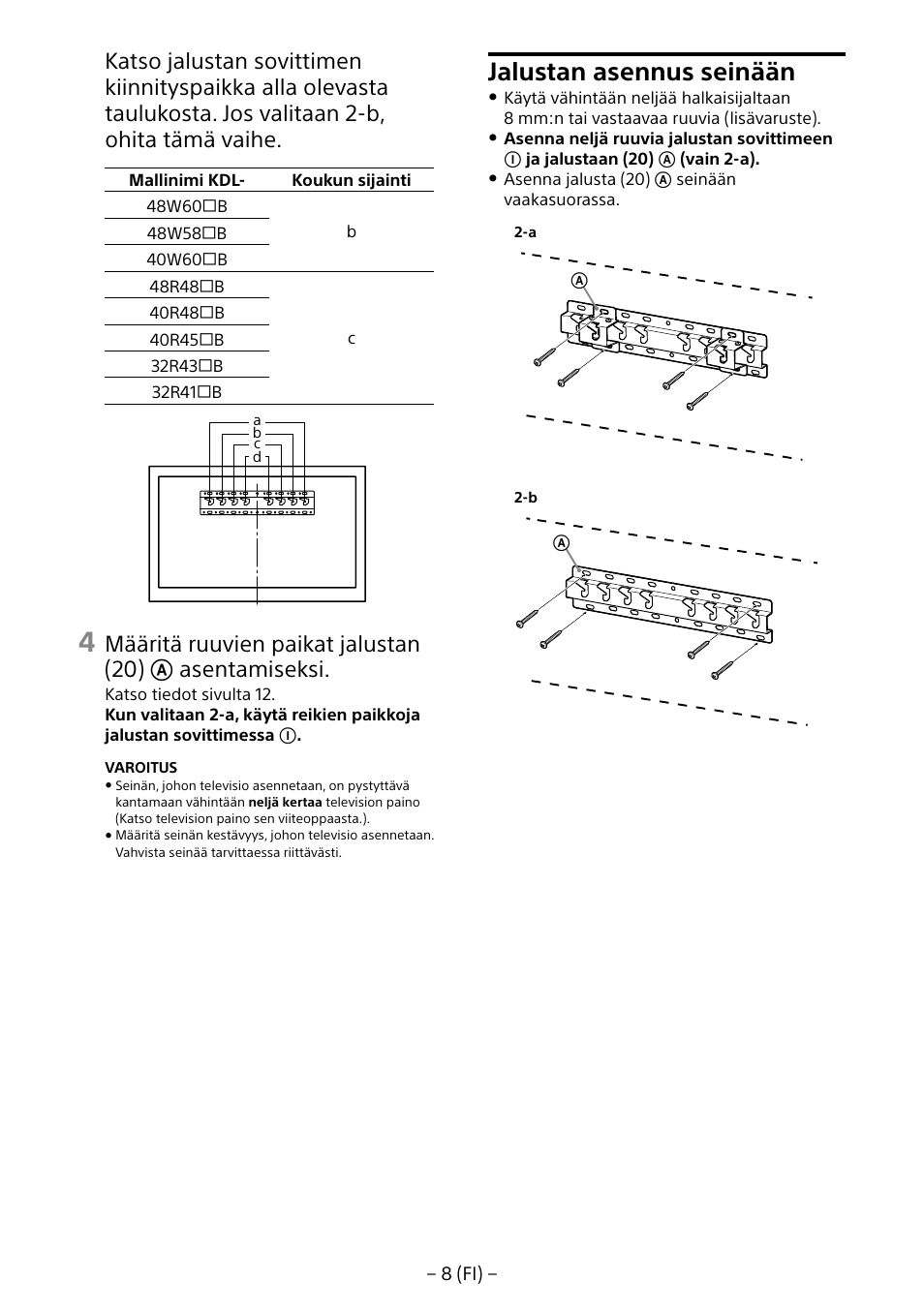 Jalustan asennus seinään | Sony KDL-40R453B User Manual | Page 118 / 321