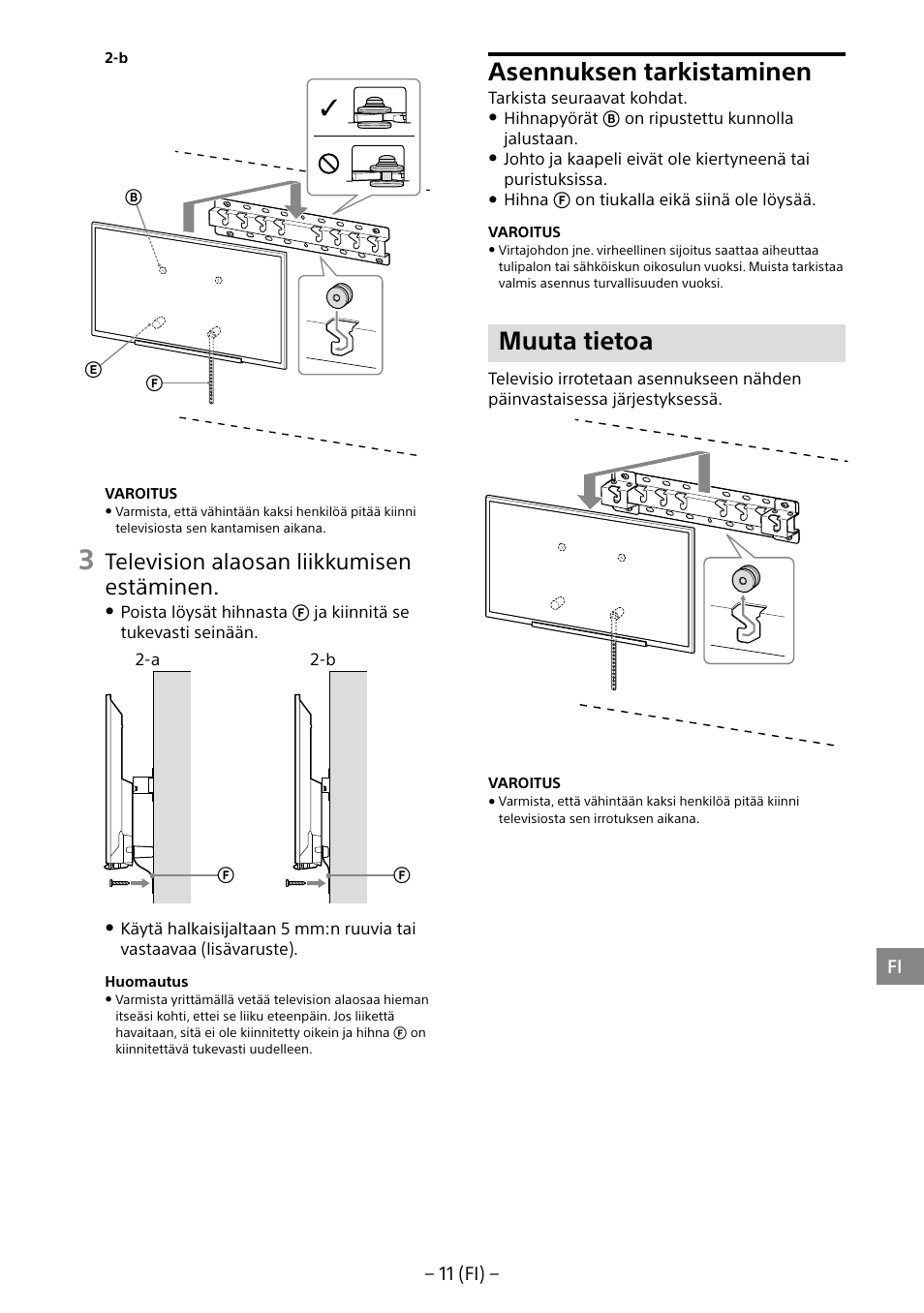Asennuksen tarkistaminen, Muuta tietoa, Television alaosan liikkumisen estäminen | Sony KDL-40R453B User Manual | Page 121 / 321