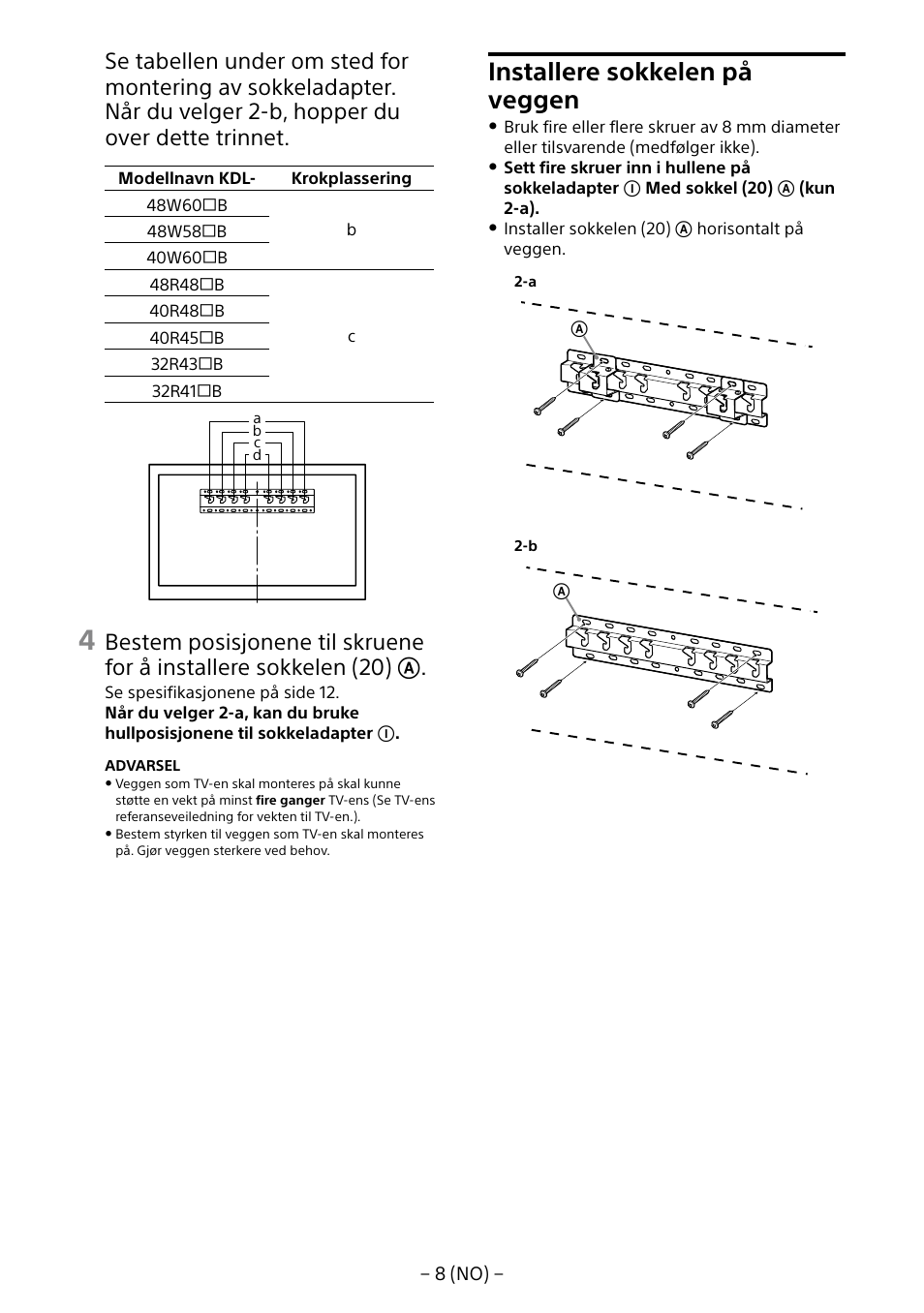 Installere sokkelen på veggen | Sony KDL-40R453B User Manual | Page 129 / 321