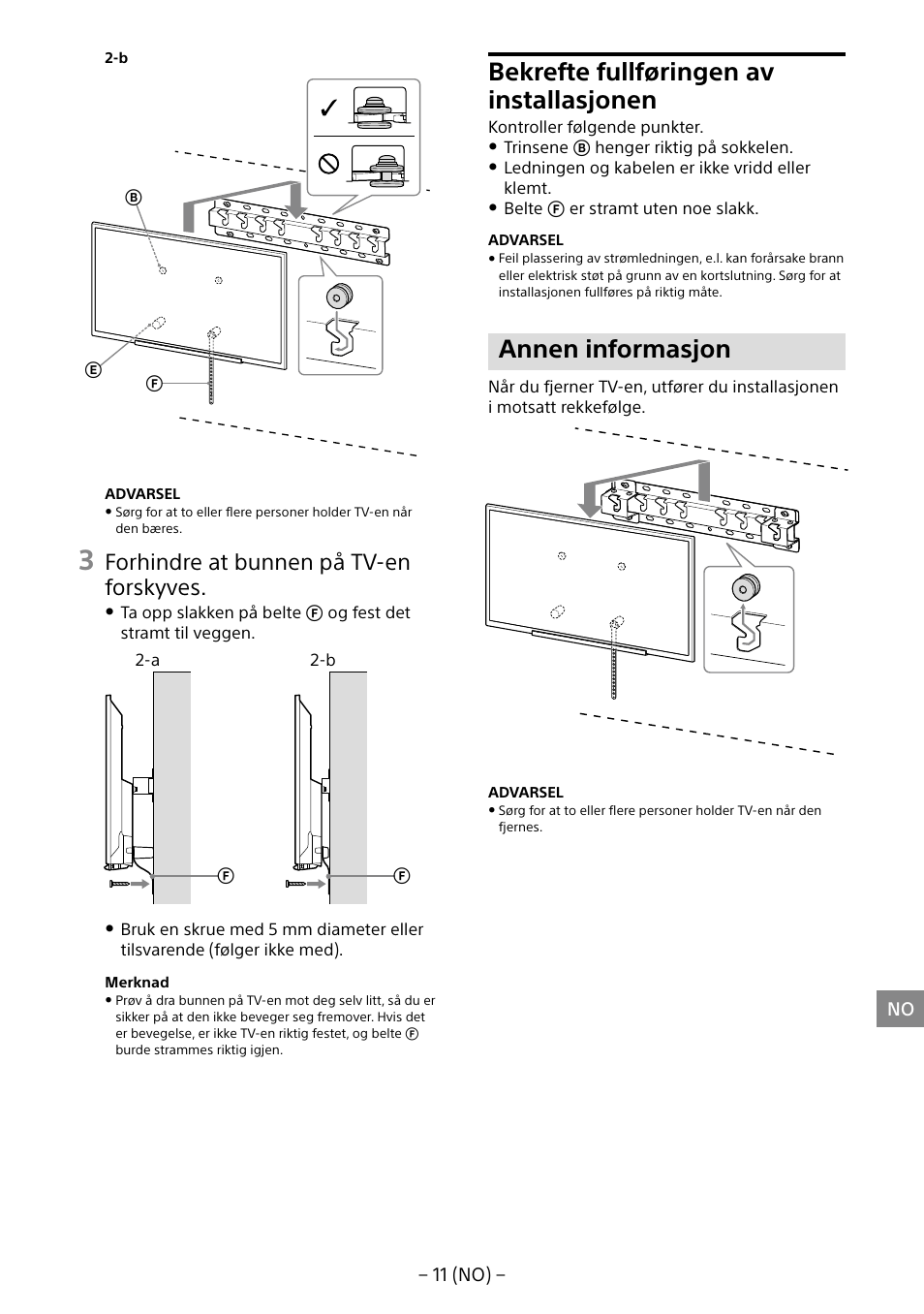 Bekrefte fullføringen av installasjonen, Annen informasjon, Forhindre at bunnen på tv-en forskyves | Sony KDL-40R453B User Manual | Page 132 / 321