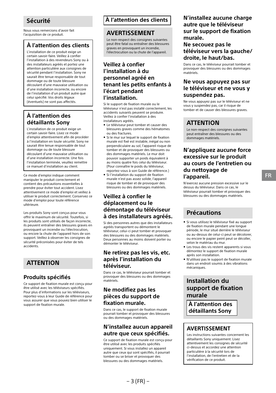 Sécurité, Attention, Avertissement | Précautions, Installation du support de fixation murale, 3 (fr), À l’attention des clients, À l’attention des détaillants sony, Produits spécifiés, À l’attention des détaillants sony avertissement | Sony KDL-40R453B User Manual | Page 14 / 321