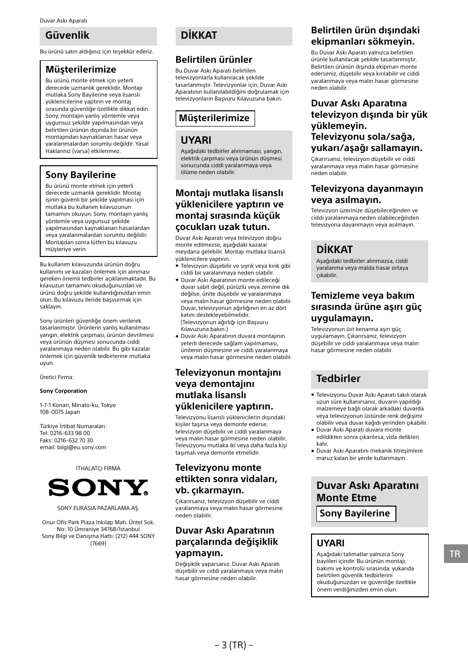 Güvenlik, Dikkat, Uyari | Tedbirler, Duvar askı aparatını monte etme, 3 (tr), Müşterilerimize, Sony bayilerine, Belirtilen ürünler, Belirtilen ürün dışındaki ekipmanları sökmeyin | Sony KDL-40R453B User Manual | Page 146 / 321