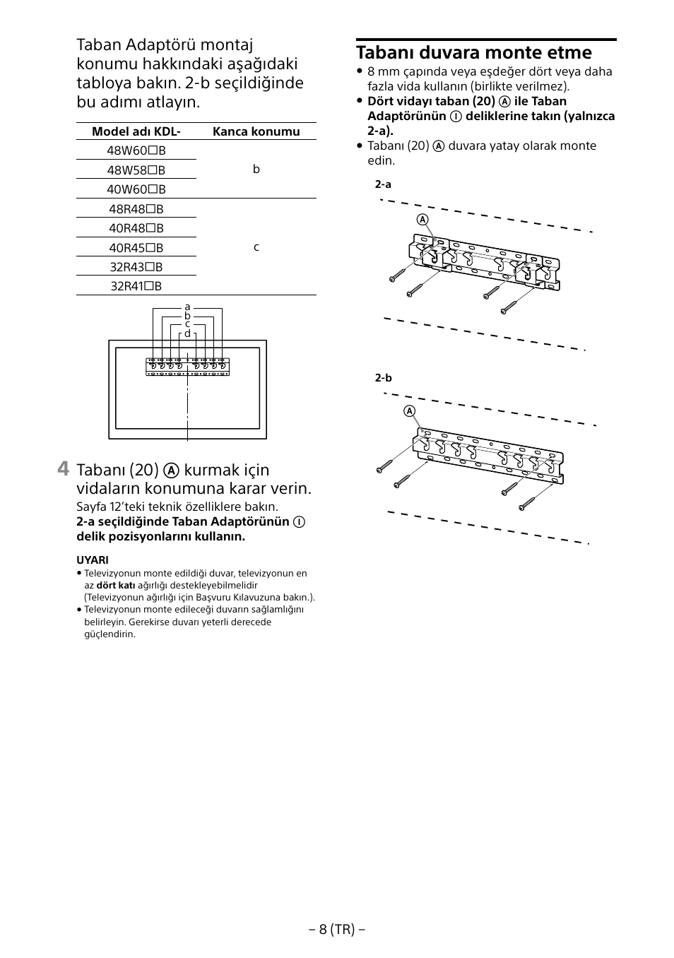 Tabanı duvara monte etme | Sony KDL-40R453B User Manual | Page 151 / 321