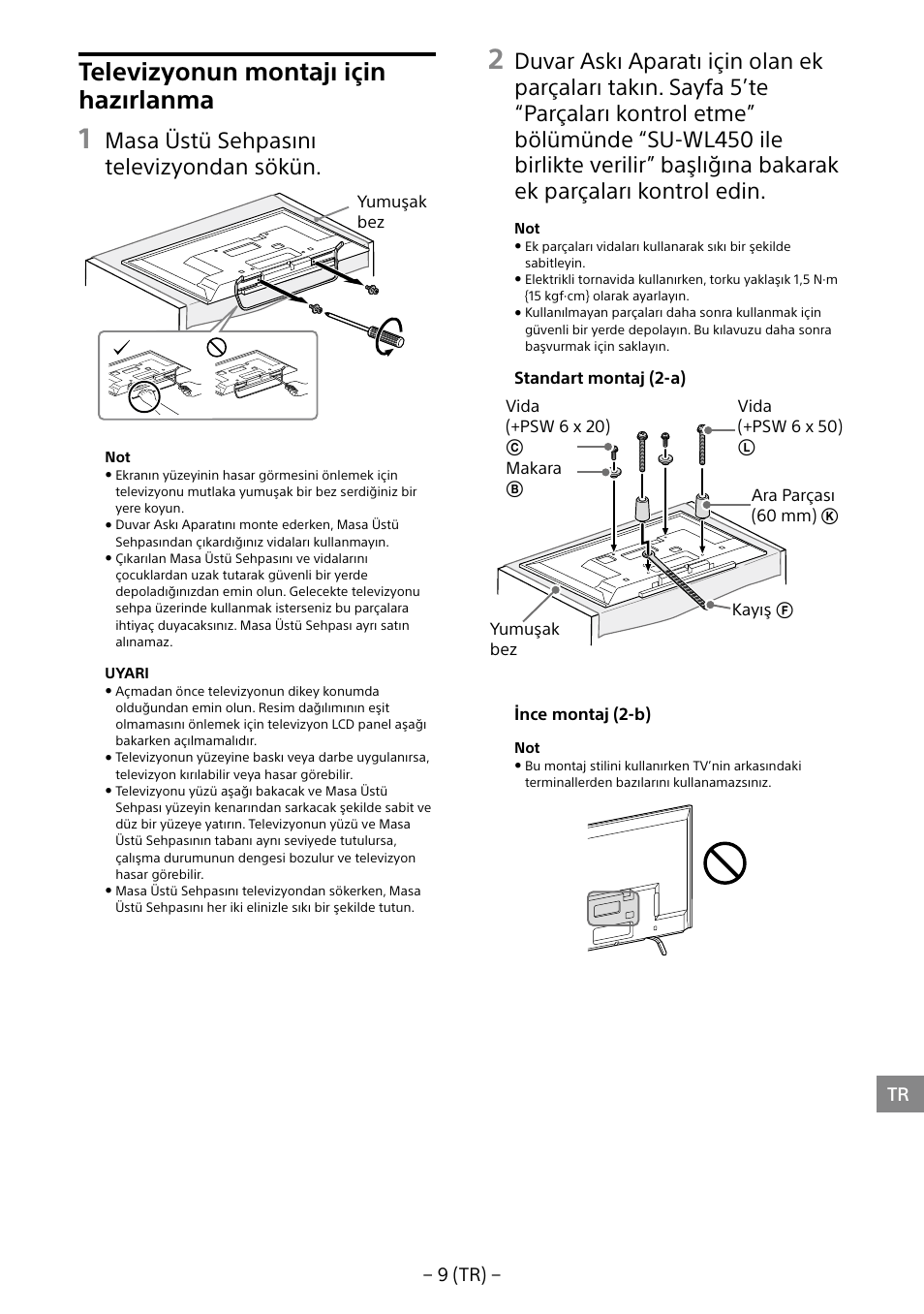 Televizyonun montajı için hazırlanma, Masa üstü sehpasını televizyondan sökün, 9 (tr) | Sony KDL-40R453B User Manual | Page 152 / 321