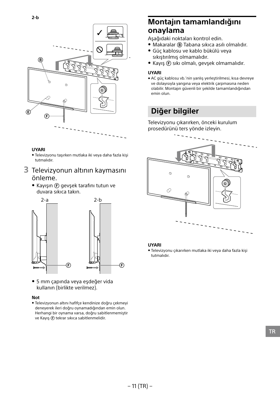 Montajın tamamlandığını onaylama, Diğer bilgiler, Televizyonun altının kaymasını önleme | Sony KDL-40R453B User Manual | Page 154 / 321
