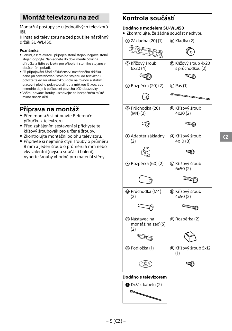 Montáž televizoru na zeď, Příprava na montáž, Kontrola součástí | Sony KDL-40R453B User Manual | Page 170 / 321
