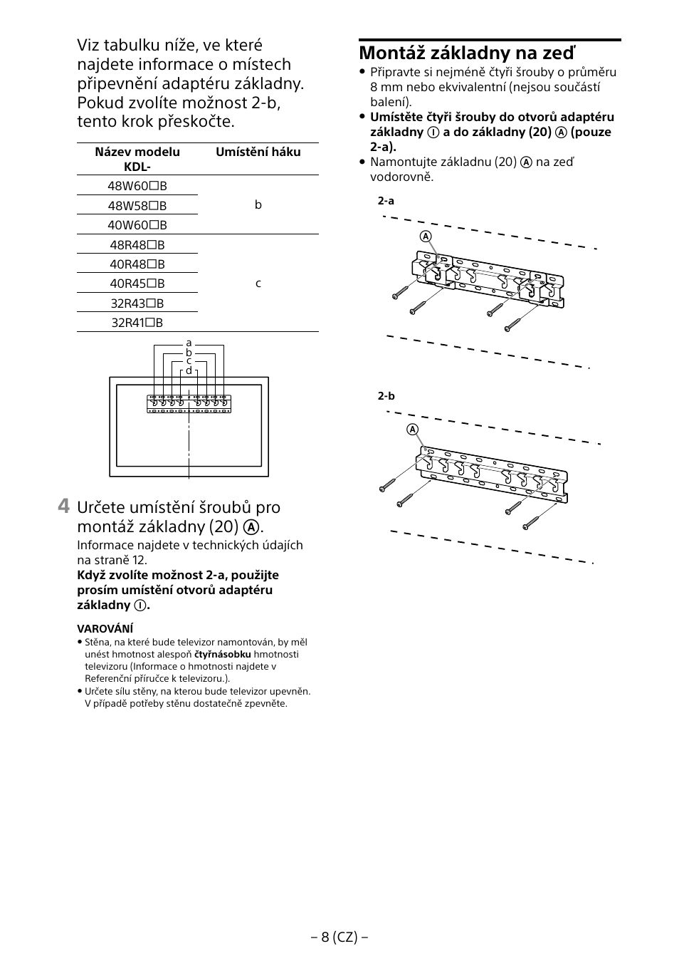 Montáž základny na zeď, Určete umístění šroubů pro montáž základny (20) | Sony KDL-40R453B User Manual | Page 173 / 321