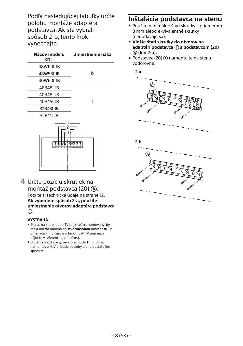 Inštalácia podstavca na stenu, Určte pozíciu skrutiek na montáž podstavca (20) | Sony KDL-40R453B User Manual | Page 184 / 321