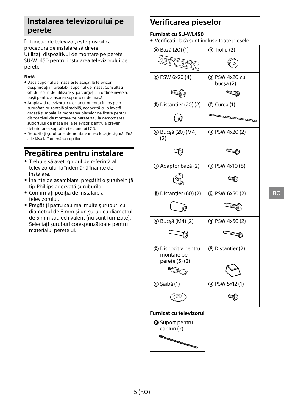 Instalarea televizorului pe perete, Pregătirea pentru instalare, Verificarea pieselor | Sony KDL-40R453B User Manual | Page 192 / 321