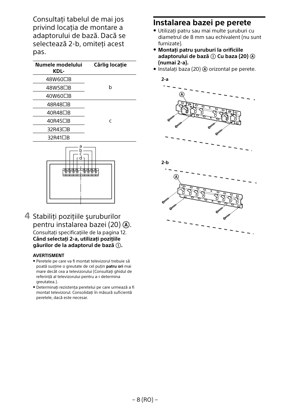 Instalarea bazei pe perete | Sony KDL-40R453B User Manual | Page 195 / 321