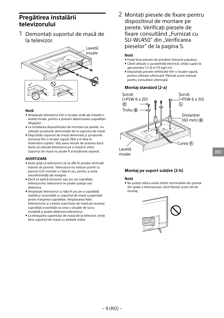 Pregătirea instalării televizorului, Demontaţi suportul de masă de la televizor | Sony KDL-40R453B User Manual | Page 196 / 321