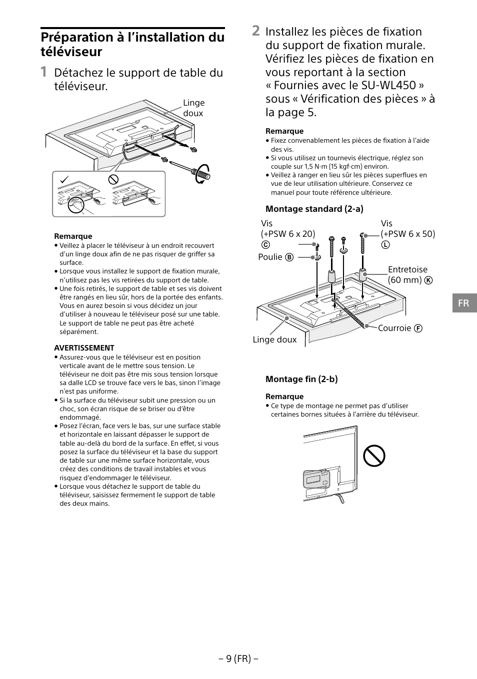 Préparation à l’installation du téléviseur, Détachez le support de table du téléviseur, 9 (fr) | Sony KDL-40R453B User Manual | Page 20 / 321