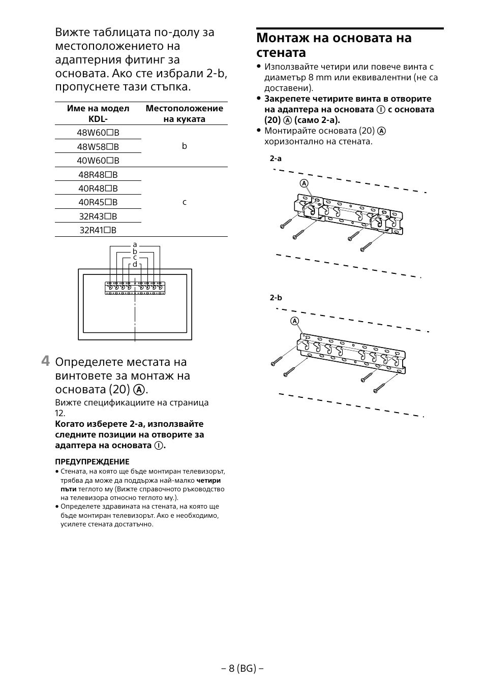 Монтаж на основата на стената | Sony KDL-40R453B User Manual | Page 206 / 321