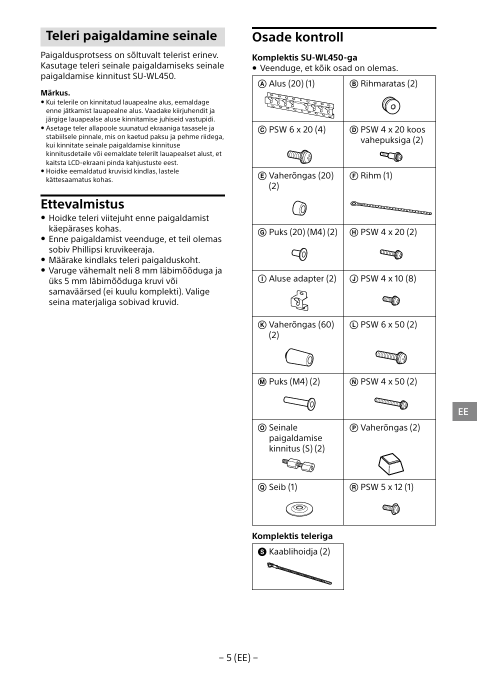 Teleri paigaldamine seinale, Ettevalmistus, Osade kontroll | Sony KDL-40R453B User Manual | Page 237 / 321
