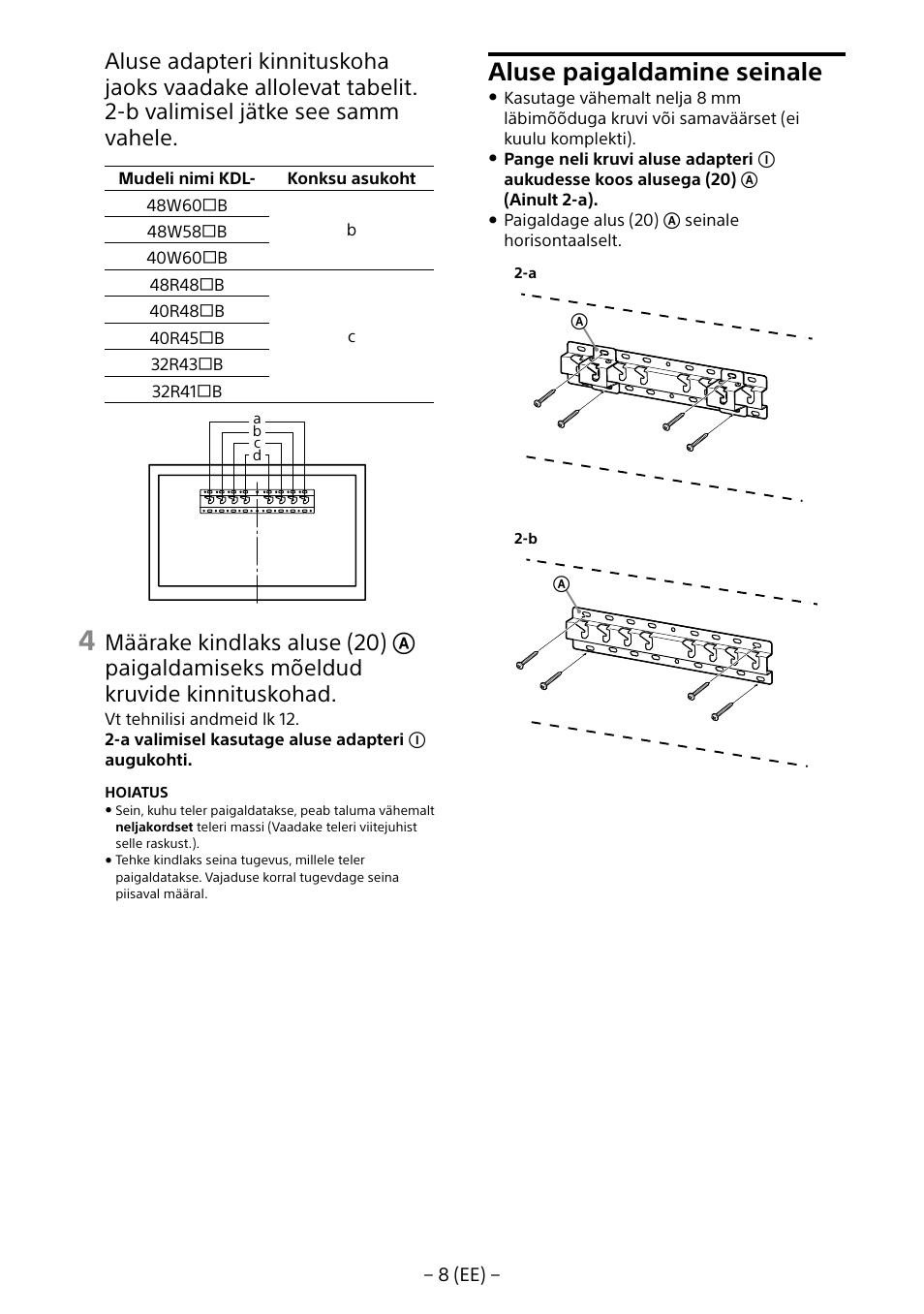 Aluse paigaldamine seinale | Sony KDL-40R453B User Manual | Page 240 / 321