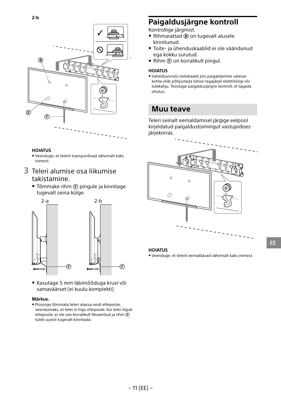 Paigaldusjärgne kontroll, Muu teave, Teleri alumise osa liikumise takistamine | Sony KDL-40R453B User Manual | Page 243 / 321