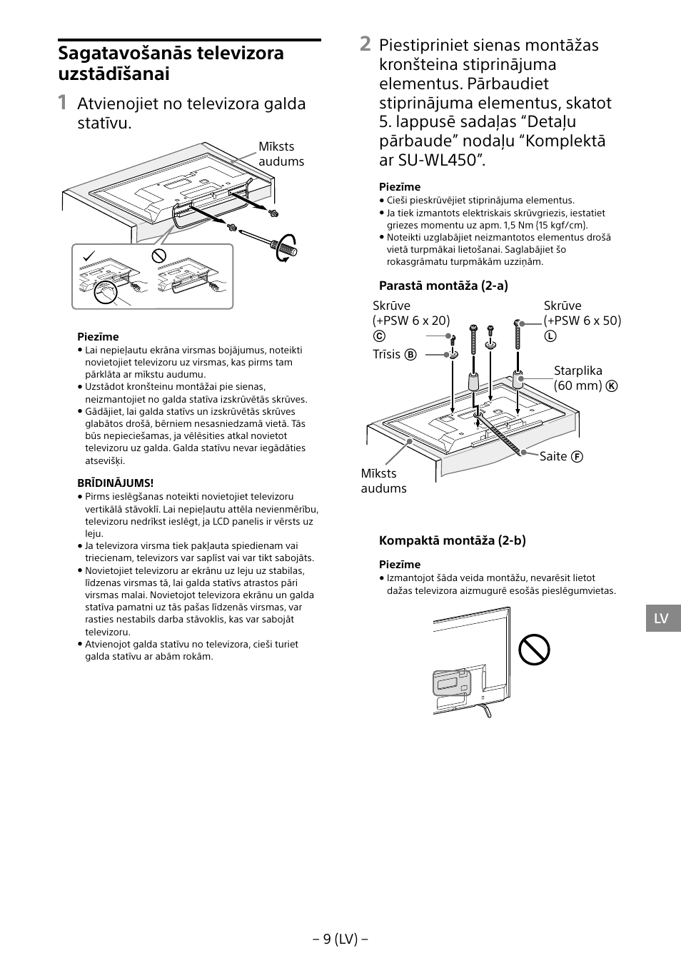 Sagatavošanās televizora uzstādīšanai, Atvienojiet no televizora galda statīvu | Sony KDL-40R453B User Manual | Page 252 / 321