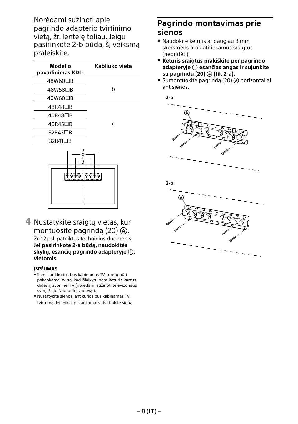 Pagrindo montavimas prie sienos | Sony KDL-40R453B User Manual | Page 262 / 321