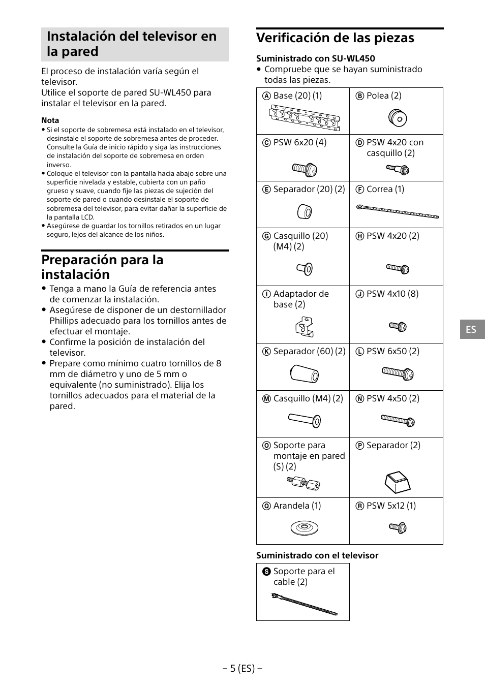 Instalación del televisor en la pared, Preparación para la instalación, Verificación de las piezas | Sony KDL-40R453B User Manual | Page 27 / 321
