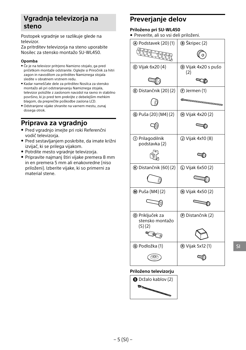 Vgradnja televizorja na steno, Priprava za vgradnjo, Preverjanje delov | Sony KDL-40R453B User Manual | Page 270 / 321