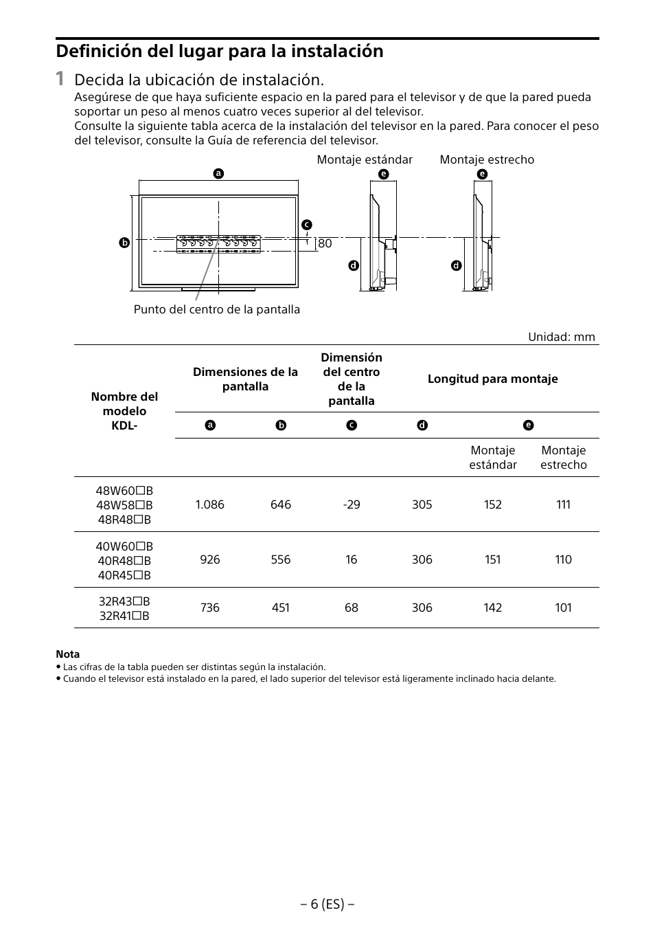 Definición del lugar para la instalación, Decida la ubicación de instalación | Sony KDL-40R453B User Manual | Page 28 / 321