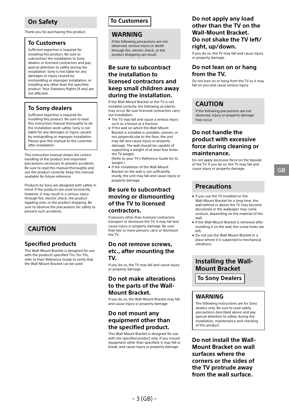 On safety, Caution, Warning | Precautions, Installing the wall- mount bracket, 3 (gb) − gb, Specified products, Do not remove screws, etc., after mounting the tv, Do not lean on or hang from the tv | Sony KDL-40R453B User Manual | Page 3 / 321