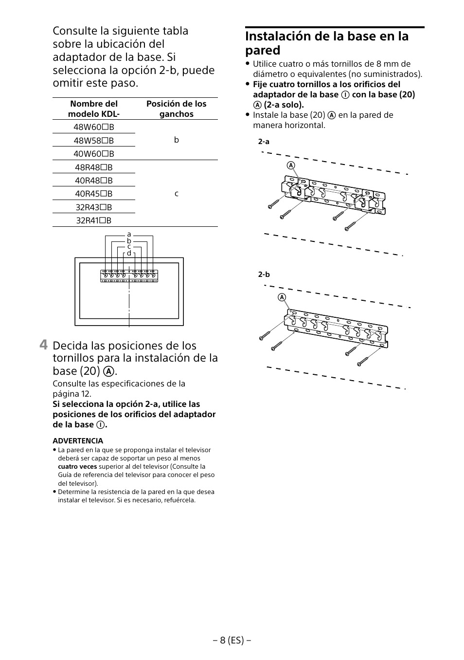 Instalación de la base en la pared | Sony KDL-40R453B User Manual | Page 30 / 321