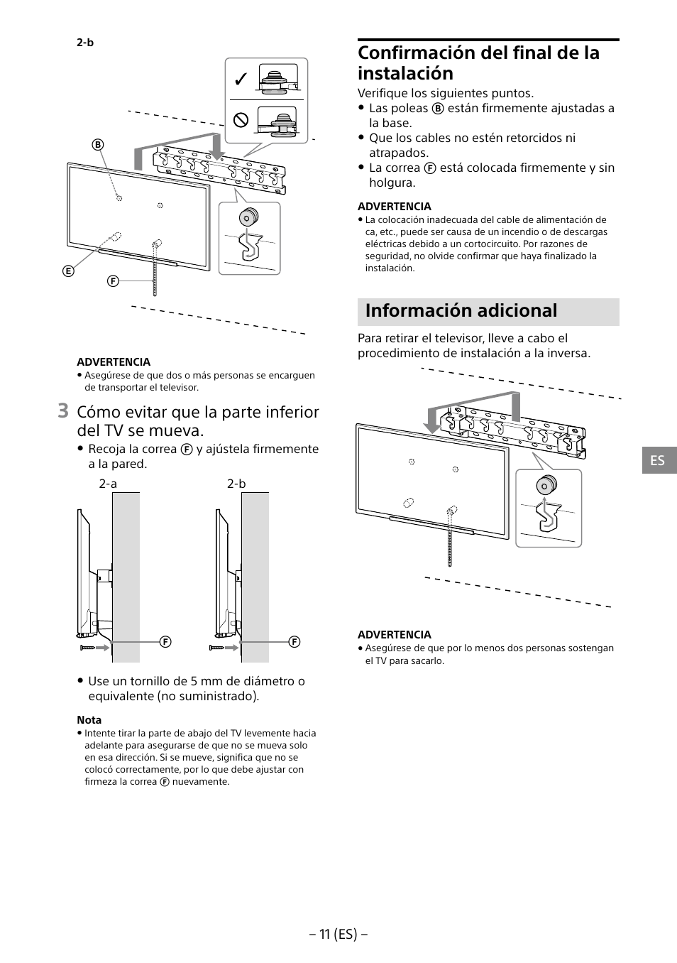 Confirmación del final de la instalación, Información adicional, Cómo evitar que la parte inferior del tv se mueva | Sony KDL-40R453B User Manual | Page 33 / 321