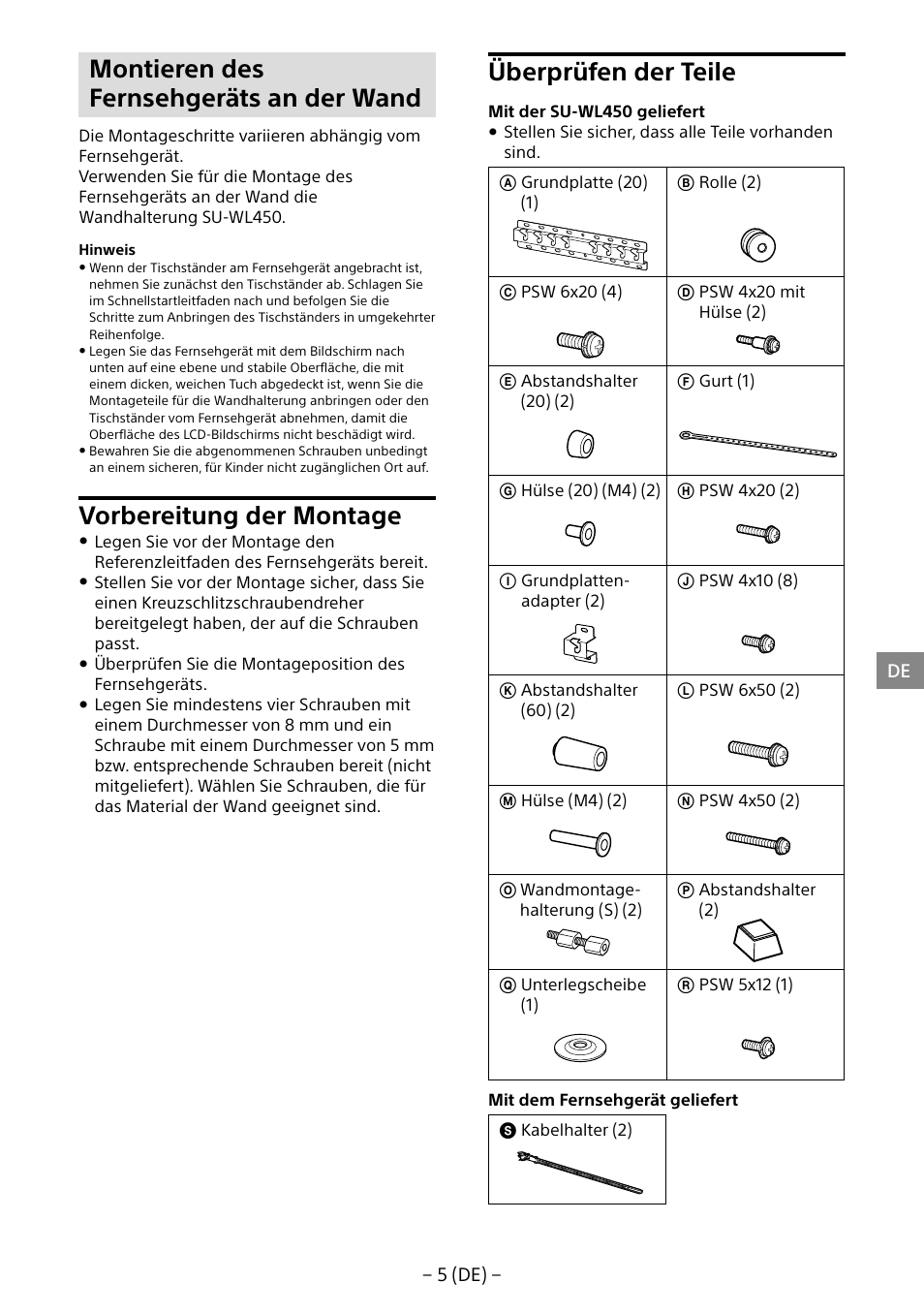 Montieren des fernsehgeräts an der wand, Vorbereitung der montage, Überprüfen der teile | Sony KDL-40R453B User Manual | Page 38 / 321