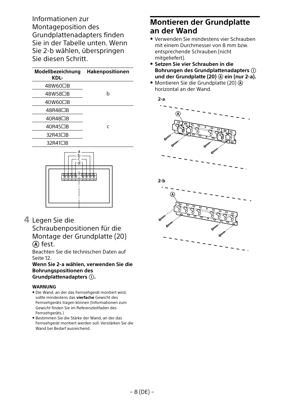 Montieren der grundplatte an der wand | Sony KDL-40R453B User Manual | Page 41 / 321