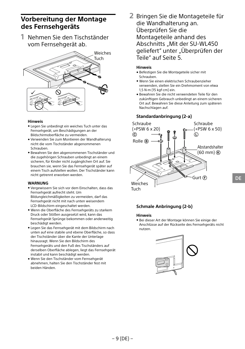 Vorbereitung der montage des fernsehgeräts, Nehmen sie den tischständer vom fernsehgerät ab, 9 (de) − de | Sony KDL-40R453B User Manual | Page 42 / 321