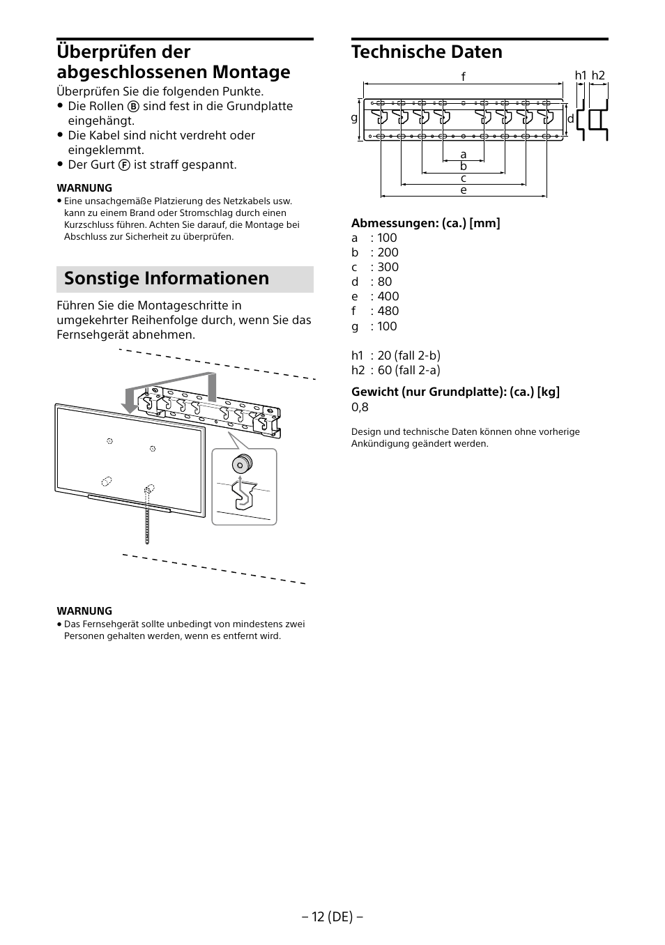 Überprüfen der abgeschlossenen montage, Sonstige informationen, Technische daten | Sony KDL-40R453B User Manual | Page 45 / 321