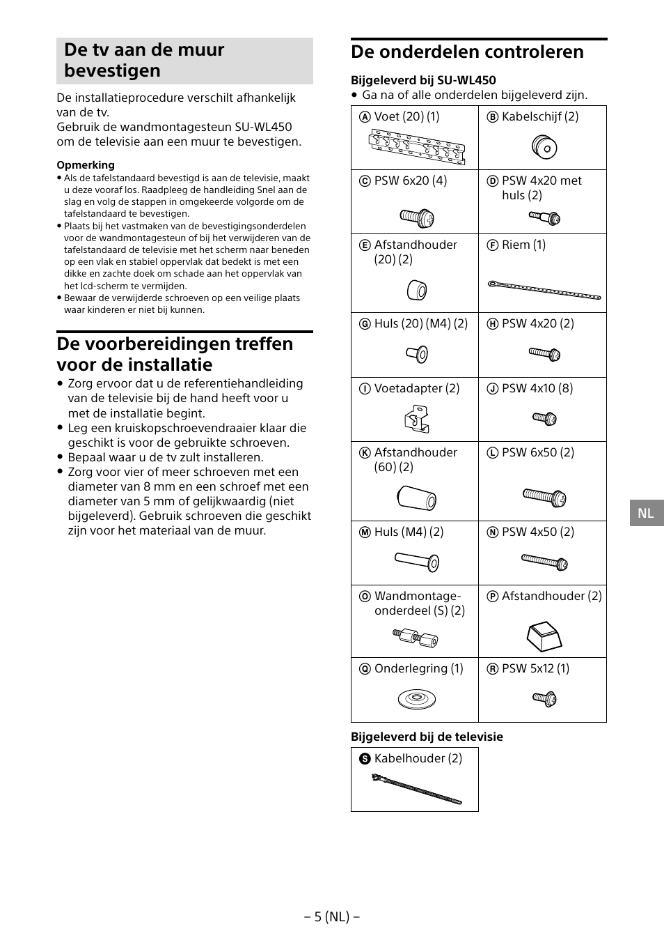 De tv aan de muur bevestigen, De voorbereidingen treffen voor de installatie, De onderdelen controleren | Sony KDL-40R453B User Manual | Page 49 / 321