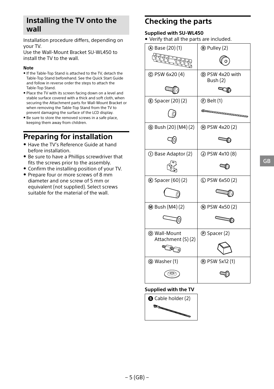 Installing the tv onto the wall, Preparing for installation, Checking the parts | Sony KDL-40R453B User Manual | Page 5 / 321