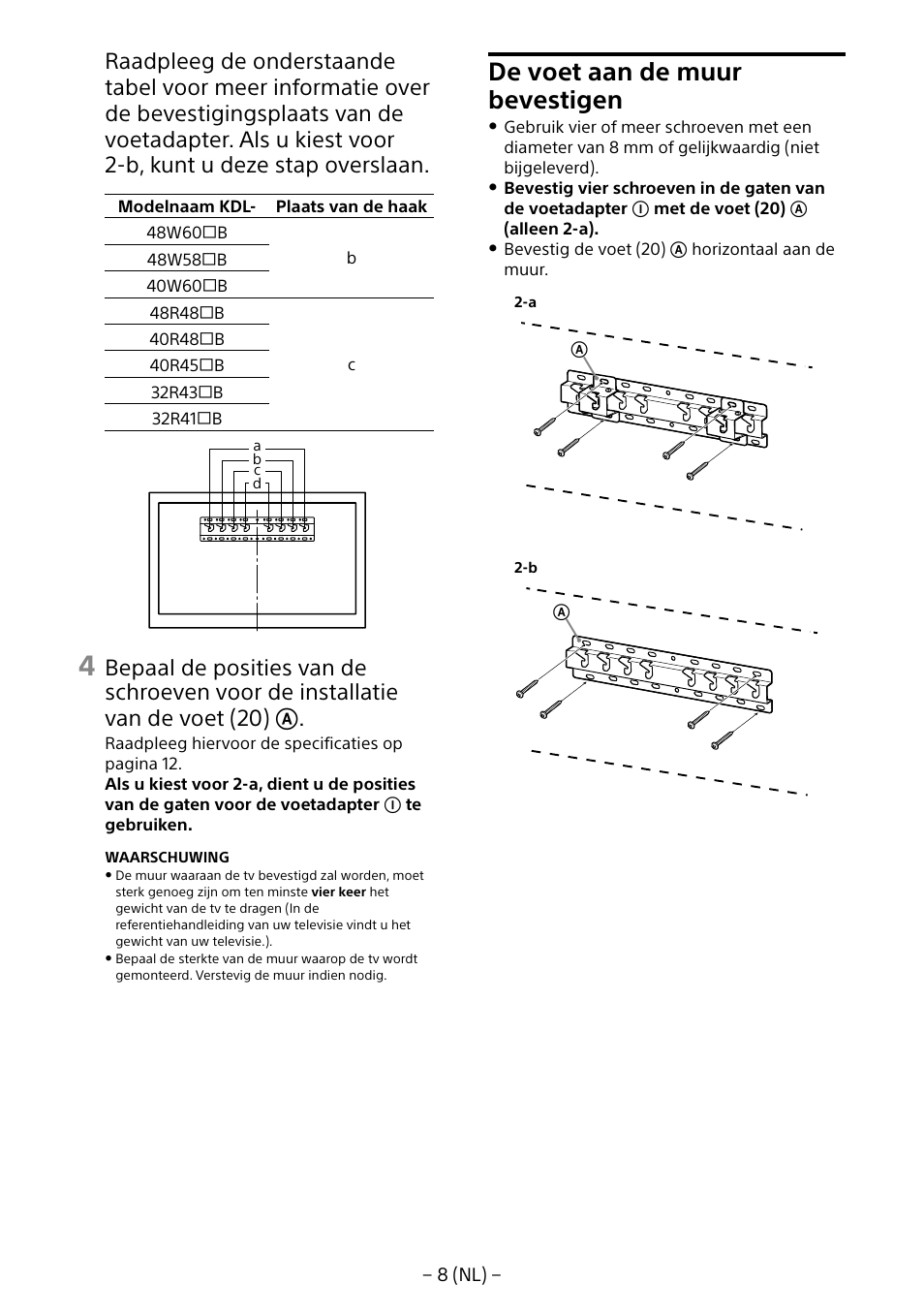 De voet aan de muur bevestigen | Sony KDL-40R453B User Manual | Page 52 / 321