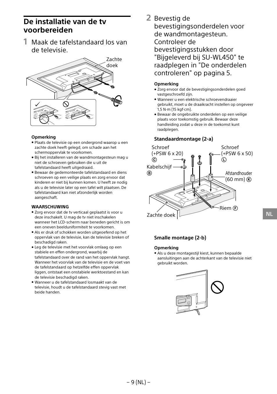 De installatie van de tv voorbereiden, Maak de tafelstandaard los van de televisie, 9 (nl) | Sony KDL-40R453B User Manual | Page 53 / 321