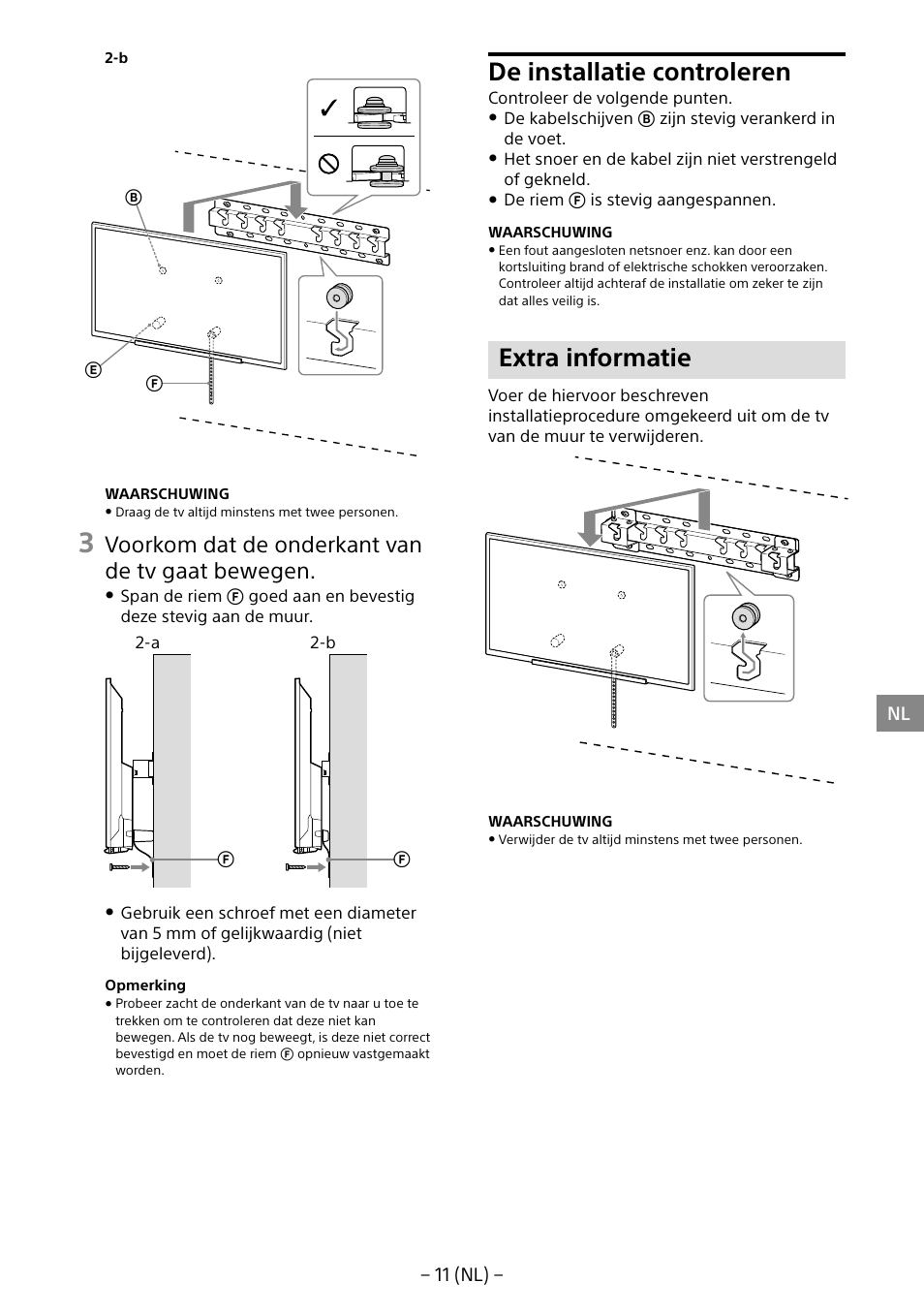 De installatie controleren, Extra informatie, Voorkom dat de onderkant van de tv gaat bewegen | Sony KDL-40R453B User Manual | Page 55 / 321