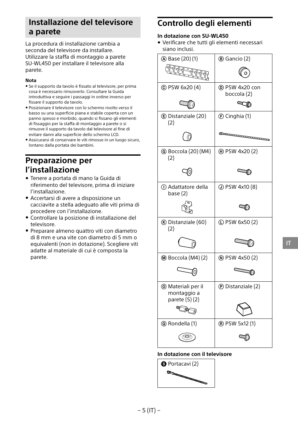Installazione del televisore a parete, Preparazione per l’installazione, Controllo degli elementi | Sony KDL-40R453B User Manual | Page 60 / 321