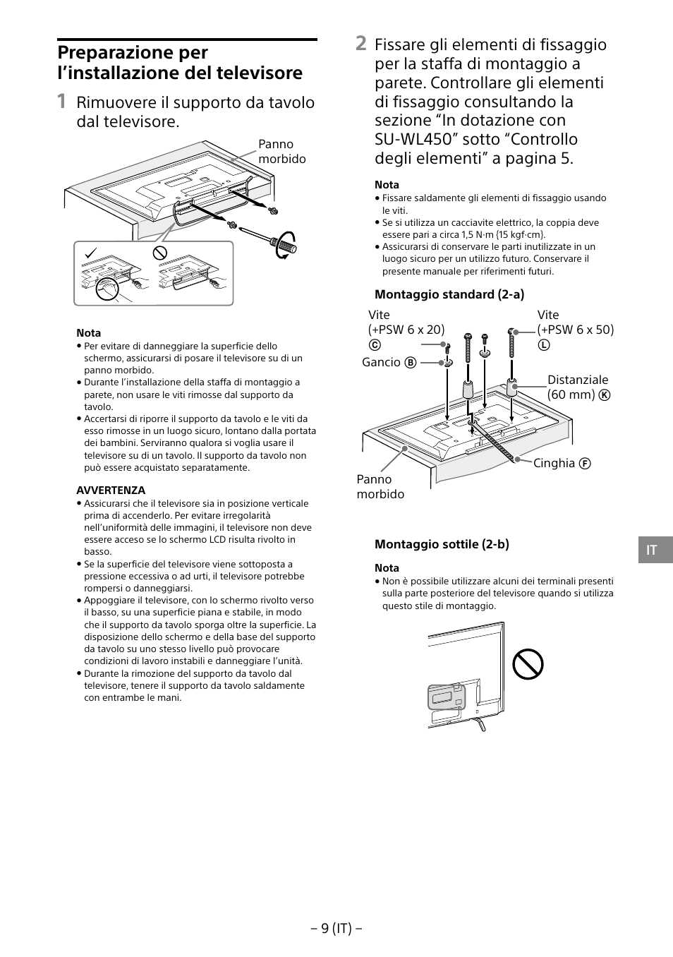 Preparazione per l’installazione del televisore, Rimuovere il supporto da tavolo dal televisore, 9 (it) | Sony KDL-40R453B User Manual | Page 64 / 321