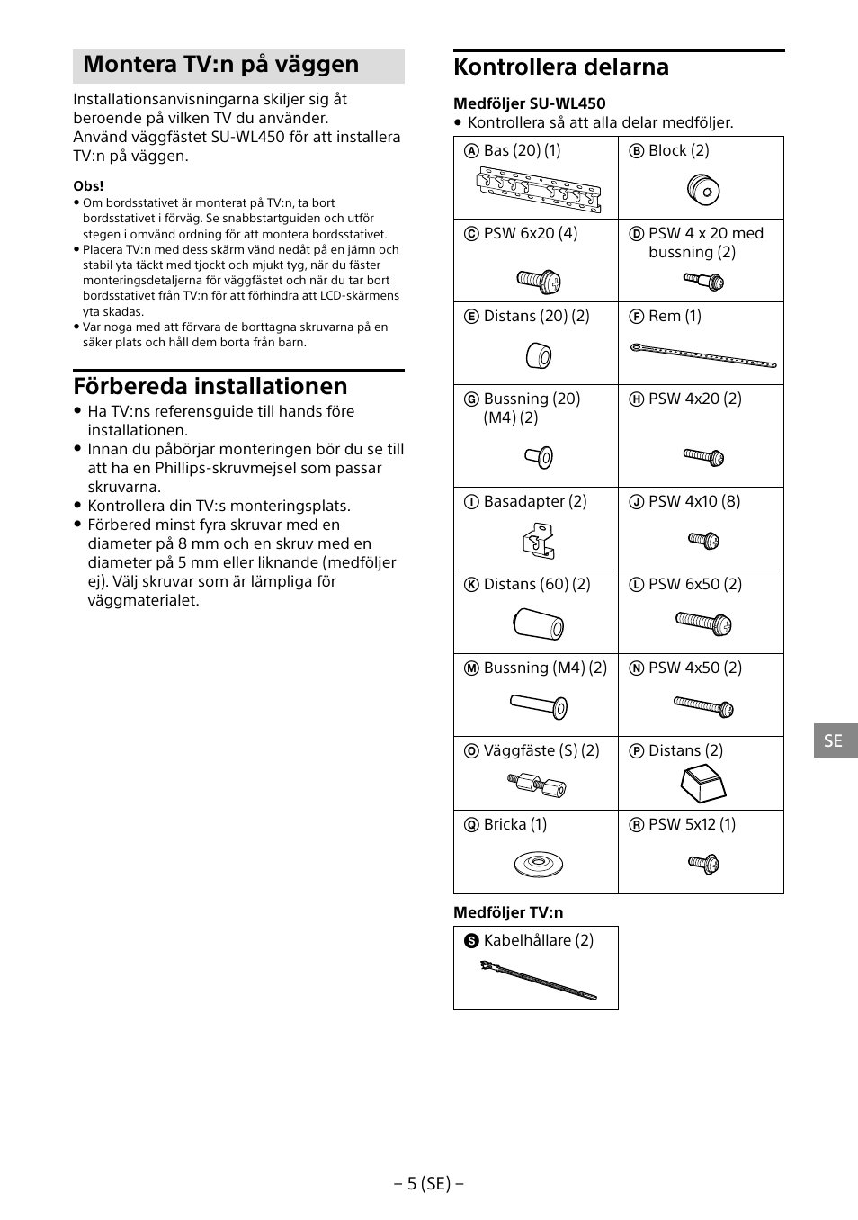 Montera tv:n på väggen, Förbereda installationen, Kontrollera delarna | Sony KDL-40R453B User Manual | Page 71 / 321