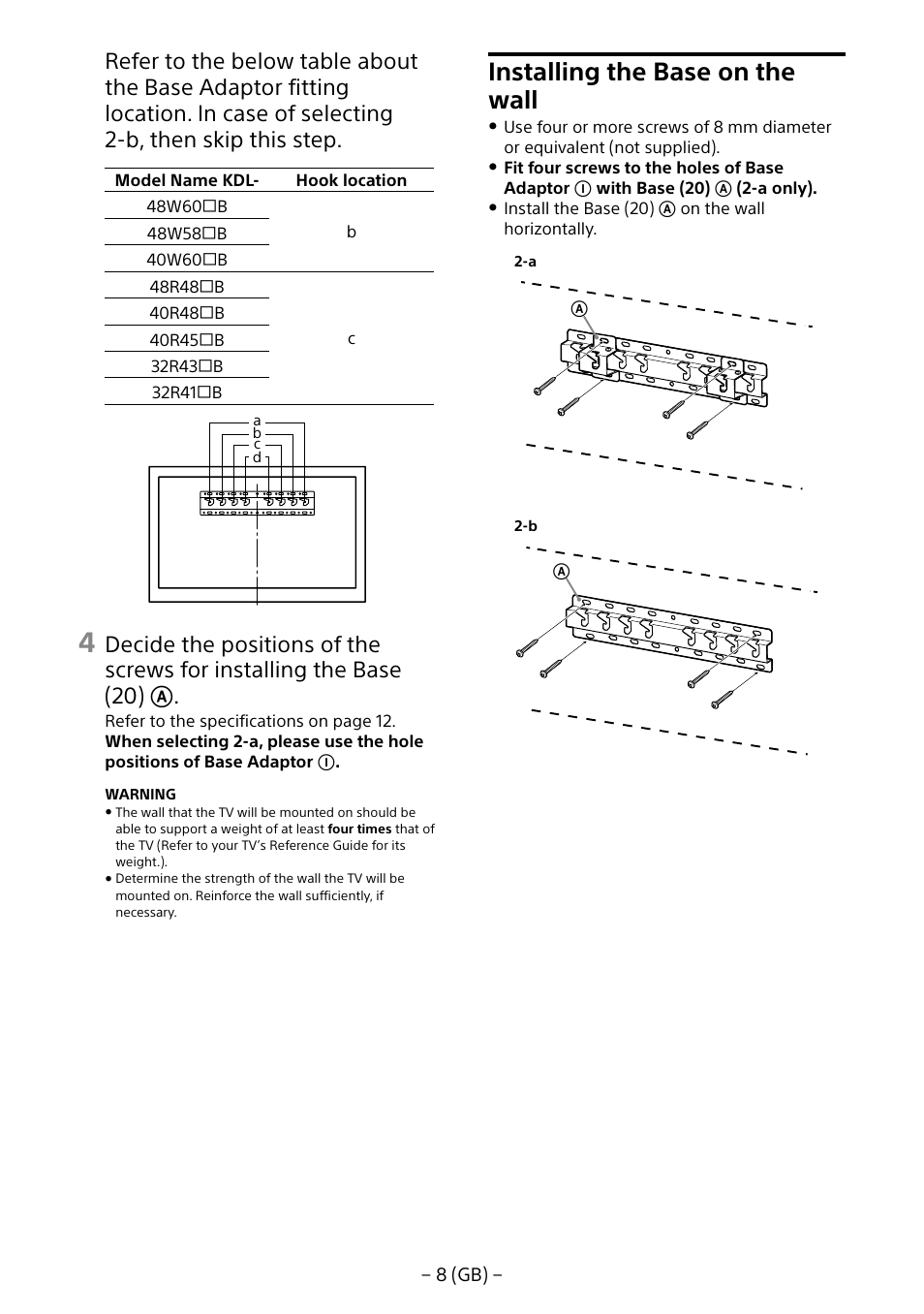 Installing the base on the wall | Sony KDL-40R453B User Manual | Page 8 / 321